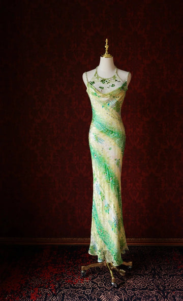 Niulatu Green Sheath Spaghetti Strap Floral Chiffon Long Prom Dress Beaded Formal Evening Dress Wedding Guest Dress HZ1031